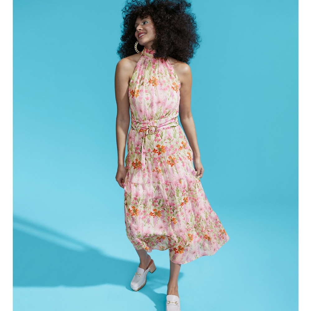 Taylor Printed Chiffon Sleeveless Buckle-Waist Maxi Dress